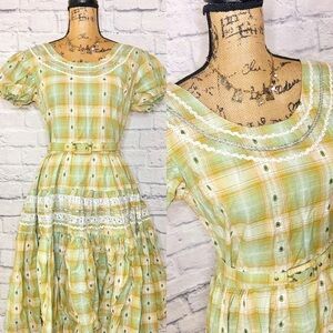 Vintage Full Circle Skirt Dress Green Cream Plaid Belt Ric Rac Western Cowgirl